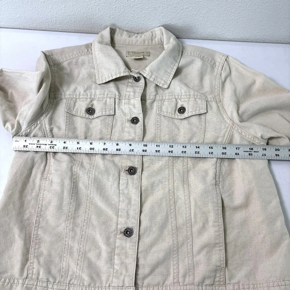 LL Bean‎ Utility Jacket Womens M Reg Tan Linen Blend Pockets Button Front